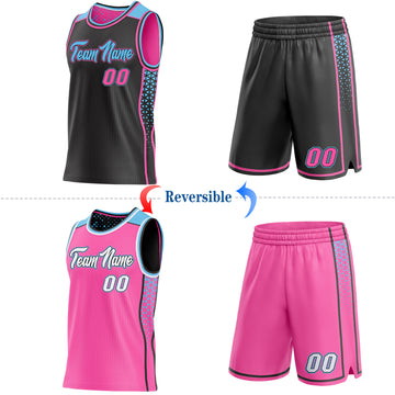 Custom Black Pink-Sky Blue Side Panel Stripe Geometric Triangle Gradient Dot Reversible Double Side Sublimation Basketball Set Jersey
