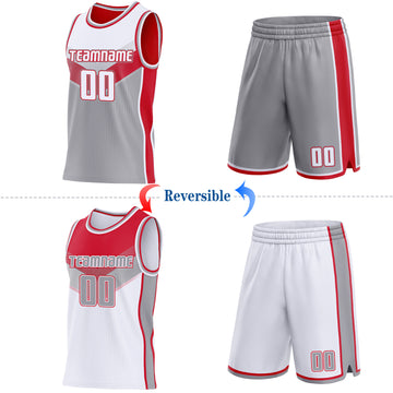 Custom White Gray-Red Side Panel Stripe Geometric V-Cut Color Block Reversible Double Side Sublimation Basketball Set Jersey