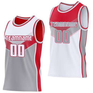 Custom White Gray-Red Side Panel Stripe Geometric V-Cut Color Block Reversible Double Side Sublimation Basketball Set Jersey
