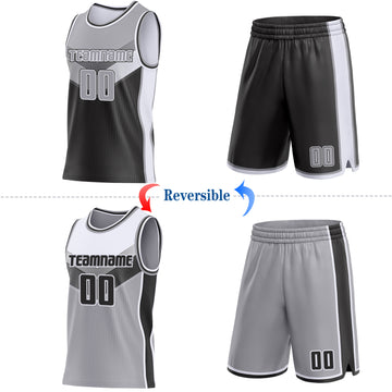 Custom Gray Black-White Side Panel Stripe Geometric V-Cut Color Block Reversible Double Side Sublimation Basketball Set Jersey
