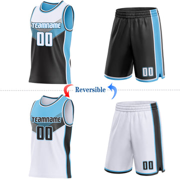 Custom White Black-Sky Blue Side Panel Stripe Geometric V-Cut Color Block Reversible Double Side Sublimation Basketball Set Jersey