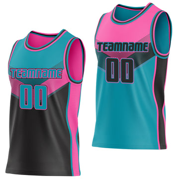 Custom Teal Black-Pink Side Panel Stripe Geometric V-Cut Color Block Reversible Double Side Sublimation Basketball Set Jersey