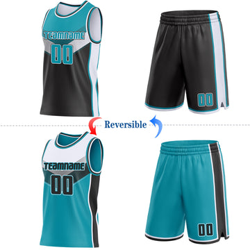 Custom Teal Black-White Side Panel Stripe Geometric V-Cut Color Block Reversible Double Side Sublimation Basketball Set Jersey