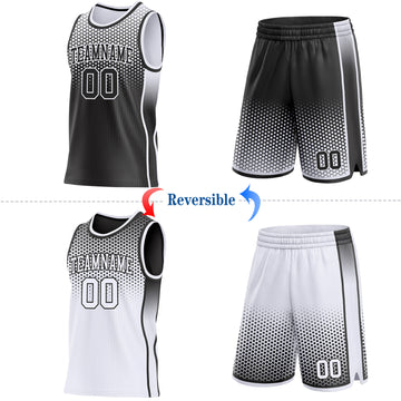 Custom Black-White Side Panel Stripe Gradient Geometric Honeycomb Reversible Double Side Sublimation Basketball Set Jersey