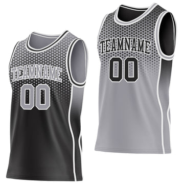 Custom Black Gray-White Side Panel Stripe Gradient Geometric Honeycomb Reversible Double Side Sublimation Basketball Set Jersey