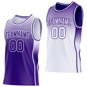 Custom Purple-White Side Panel Stripe Gradient Geometric Honeycomb Reversible Double Side Sublimation Basketball Set Jersey