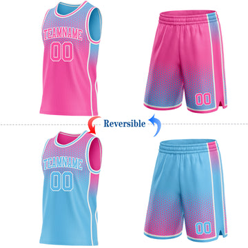 Custom Pink Sky Blue-White Side Panel Stripe Gradient Geometric Honeycomb Reversible Double Side Sublimation Basketball Set Jersey