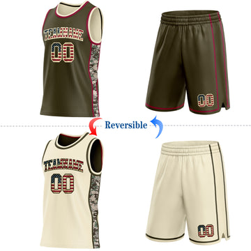Custom Olive Vintage USA Flag Cream-Maroon Digital Camo Side Panel Stripe Reversible Double Side Sublimation Basketball Set Jersey