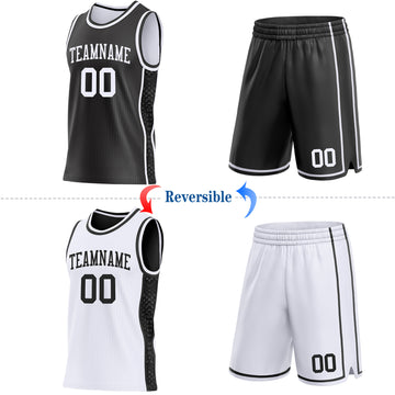 Custom Black-White Mamba Snakeskin Side Panel Stripe Reversible Double Side Sublimation Basketball Set Jersey