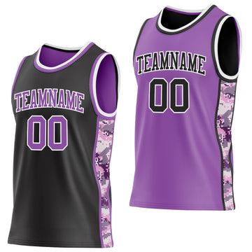 Custom Black Medium Purple-White Camo Side Panel Stripe Reversible Double Side Sublimation Basketball Set Jersey