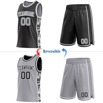 Custom Black Gray-White Camo Side Panel Stripe Reversible Double Side Sublimation Basketball Set Jersey