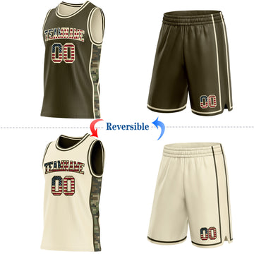 Custom Olive Vintage USA Flag-Cream Camo Side Panel Stripe Reversible Double Side Sublimation Basketball Set Jersey