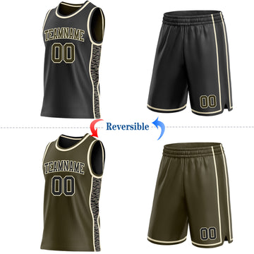 Custom Black Olive-Cream Camo Side Panel Stripe Reversible Double Side Sublimation Basketball Set Jersey