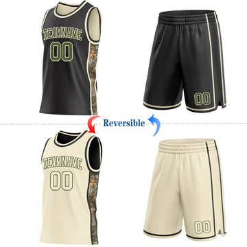 Custom Black Olive-Cream Woodland Camo Side Panel Stripe Reversible Double Side Sublimation Basketball Set Jersey