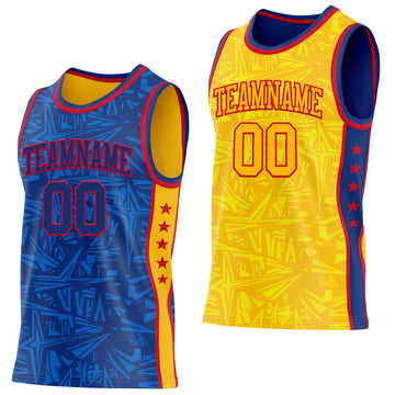 Custom Royal Red-Gold Side Panel Stripe Stars Geometric Shatter Starburst Reversible Double Side Sublimation Basketball Set Jersey
