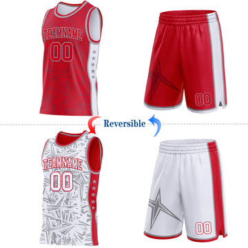 Custom Red Gray-White Side Panel Stripe Stars Geometric Shatter Starburst Reversible Double Side Sublimation Basketball Set Jersey