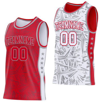 Custom Red Gray-White Side Panel Stripe Stars Geometric Shatter Starburst Reversible Double Side Sublimation Basketball Set Jersey