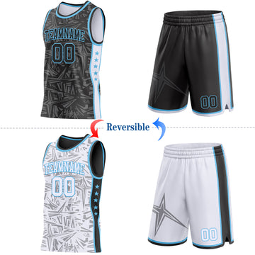 Custom Black Sky Blue-White Side Panel Stripe Stars Geometric Shatter Starburst Reversible Double Side Sublimation Basketball Set Jersey