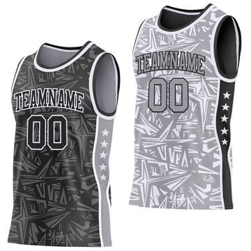 Custom Black White-Gray Side Panel Stripe Stars Geometric Shatter Starburst Reversible Double Side Sublimation Basketball Set Jersey