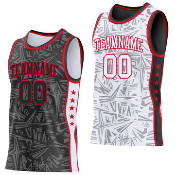 Custom Black Red-White Side Panel Stripe Stars Geometric Shatter Starburst Reversible Double Side Sublimation Basketball Set Jersey