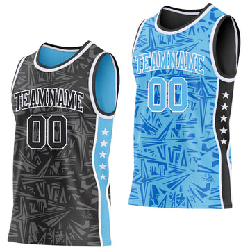 Custom Black White-Sky Blue Side Panel Stripe Stars Geometric Shatter Starburst Reversible Double Side Sublimation Basketball Set Jersey