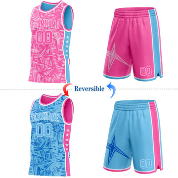 Custom Pink White-Sky Blue Side Panel Stripe Stars Geometric Shatter Starburst Reversible Double Side Sublimation Basketball Set Jersey