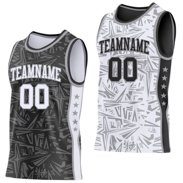 Custom Black White-Gray Side Panel Stripe Stars Geometric Shatter Starburst Reversible Double Side Sublimation Basketball Set Jersey