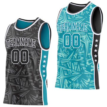 Custom Black White-Teal Side Panel Stripe Stars Geometric Shatter Starburst Reversible Double Side Sublimation Basketball Set Jersey