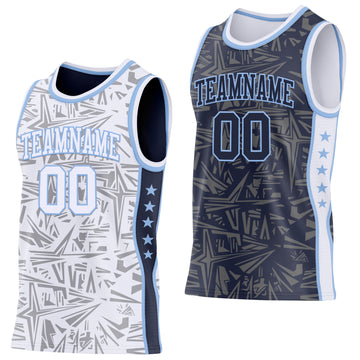 Custom White Light Blue-Navy Side Panel Stripe Stars Geometric Shatter Starburst Reversible Double Side Sublimation Basketball Set Jersey