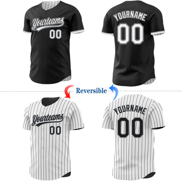 Custom Black White Black Pinstripe Reversible Button-Down Baseball Jersey