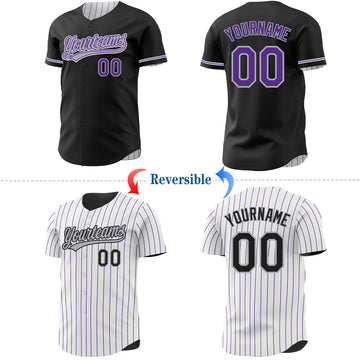Custom Black White Purple Pinstripe Reversible Button-Down Baseball Jersey