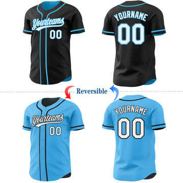 Custom Black White-Sky Blue Reversible Button-Down Baseball Jersey