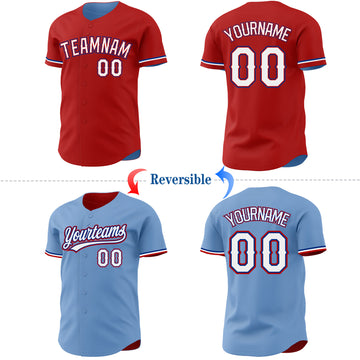 Custom Red Light Blue Reversible Button-Down Baseball Jersey
