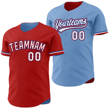 Custom Red Light Blue Reversible Button-Down Baseball Jersey