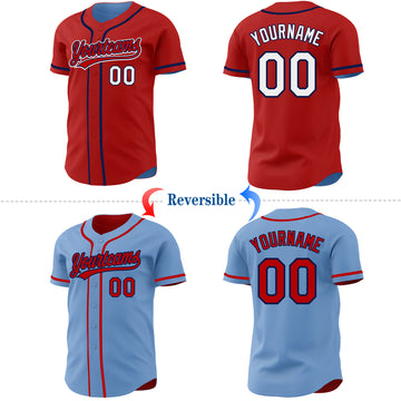 Custom Red Light Blue Reversible Button-Down Baseball Jersey