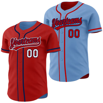 Custom Red Light Blue Reversible Button-Down Baseball Jersey