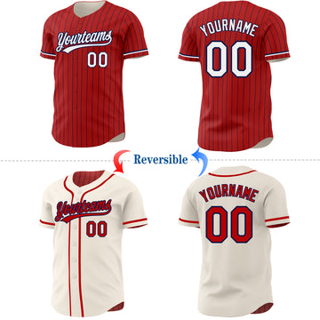 Custom Red Navy Pinstripe Cream Reversible Button-Down Baseball Jersey