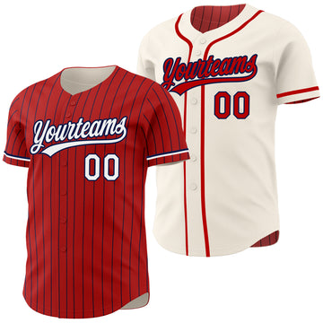 Custom Red Navy Pinstripe Cream Reversible Button-Down Baseball Jersey