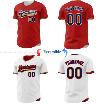 Custom Red Navy White-Old Gold Reversible Button-Down Baseball Jersey