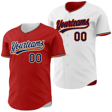 Custom Red Navy White-Old Gold Reversible Button-Down Baseball Jersey