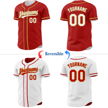 Custom Red White-Old Gold Reversible Button-Down Baseball Jersey