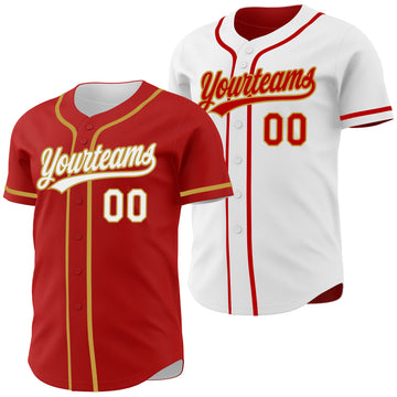 Custom Red White-Old Gold Reversible Button-Down Baseball Jersey