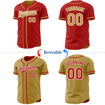 Custom Red Old Gold-White Reversible Button-Down Baseball Jersey