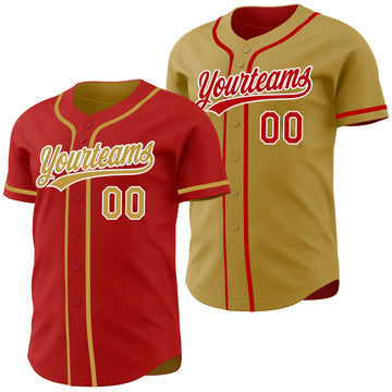 Custom Red Old Gold-White Reversible Button-Down Baseball Jersey