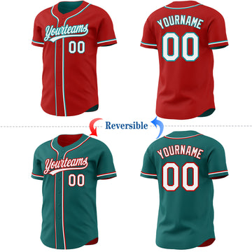 Custom Red White-Teal Reversible Button-Down Baseball Jersey