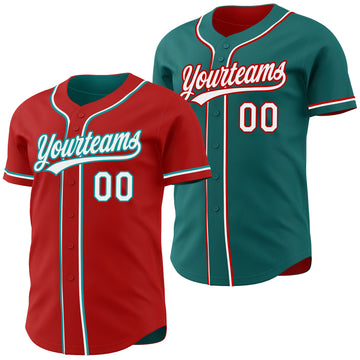 Custom Red White-Teal Reversible Button-Down Baseball Jersey