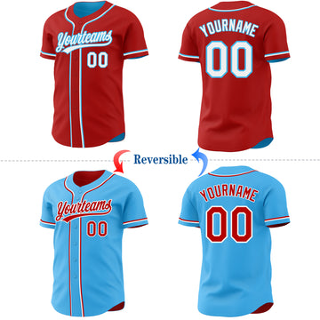 Custom Red White-Sky Blue Reversible Button-Down Baseball Jersey