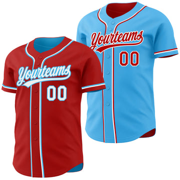 Custom Red White-Sky Blue Reversible Button-Down Baseball Jersey
