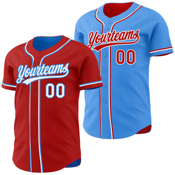 Custom Red White-Electric Blue Reversible Button-Down Baseball Jersey