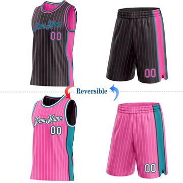 Custom Black Pink Pinstripe-Teal Side Panels Reversible Double Side Sublimation Basketball Set Jersey